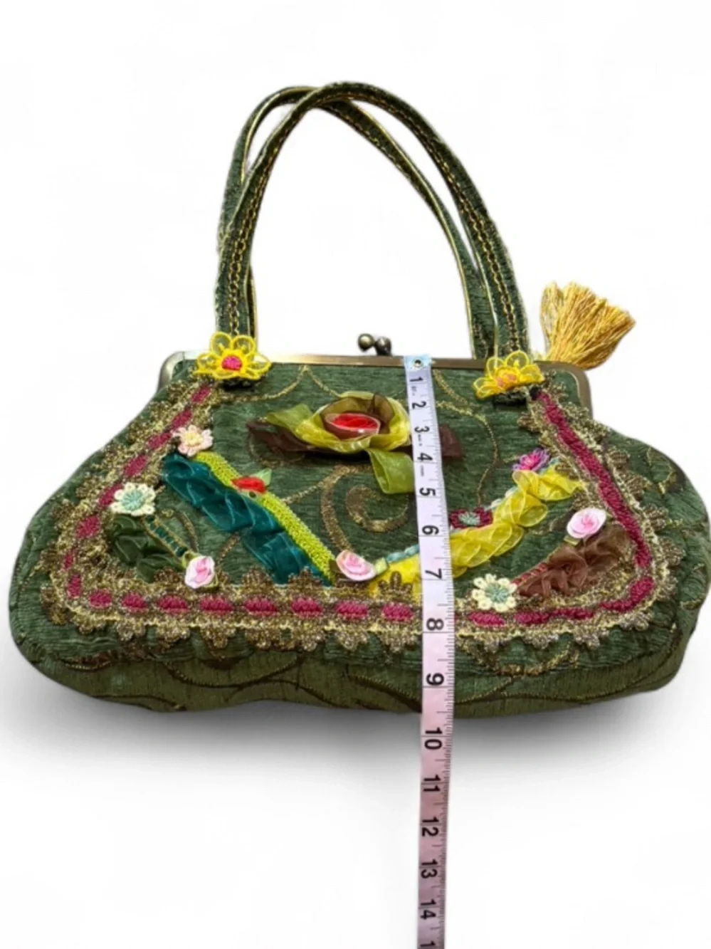 Vintage‎ Inspired Green Floral Tapestry Embellished Handbag